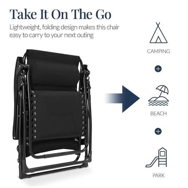Alt view image 5 of 7 - Oversized Padded Zero Gravity Chair, Folding Outdoor Patio Recliner, XL Anti Gravity Lounger for Backyard w/Headrest, Cup Holder, Side Tray, Polyester Mesh - Black
