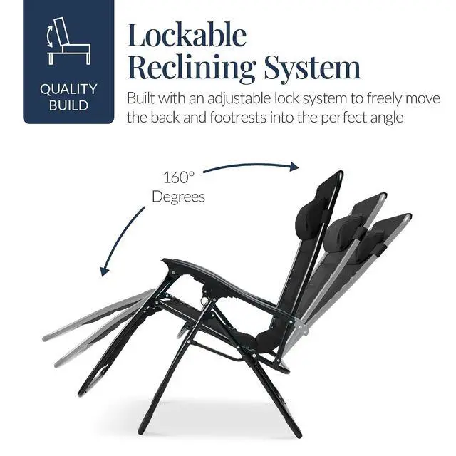 Alt view image 7 of 7 - Oversized Padded Zero Gravity Chair, Folding Outdoor Patio Recliner, XL Anti Gravity Lounger for Backyard w/Headrest, Cup Holder, Side Tray, Polyester Mesh - Black
