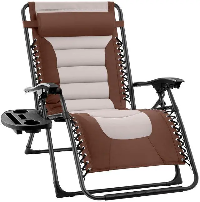 Main image of Oversized Padded Zero Gravity Chair, Folding Outdoor Patio Recliner, XL Anti Gravity Lounger for Backyard w/Headrest, Cup Holder, Side Tray, Polyester Mesh - Brown/Oyster
