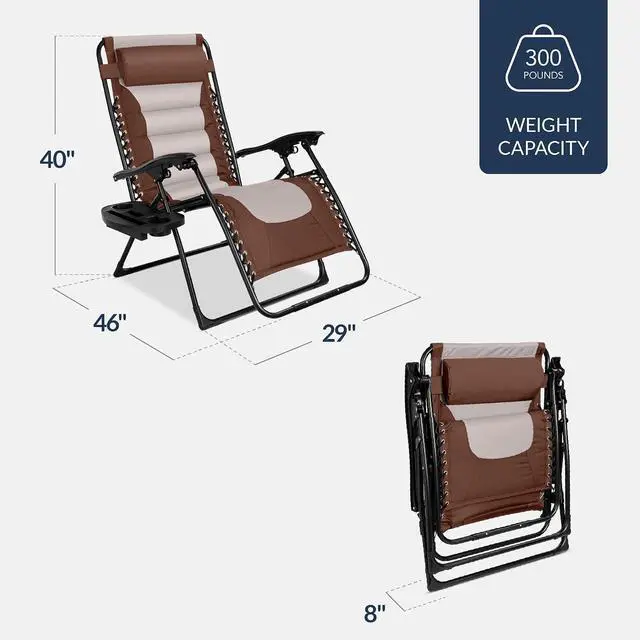 Alt view image 2 of 7 - Oversized Padded Zero Gravity Chair, Folding Outdoor Patio Recliner, XL Anti Gravity Lounger for Backyard w/Headrest, Cup Holder, Side Tray, Polyester Mesh - Brown/Oyster