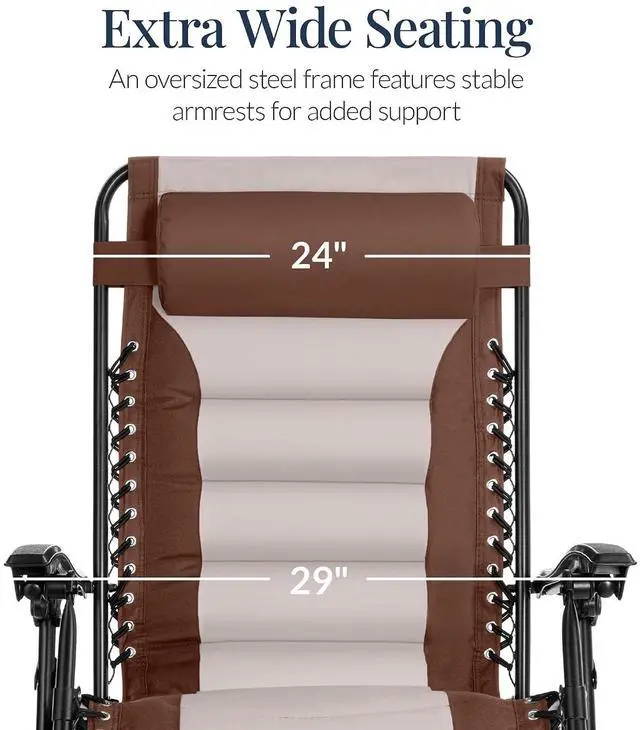 Alt view image 3 of 7 - Oversized Padded Zero Gravity Chair, Folding Outdoor Patio Recliner, XL Anti Gravity Lounger for Backyard w/Headrest, Cup Holder, Side Tray, Polyester Mesh - Brown/Oyster