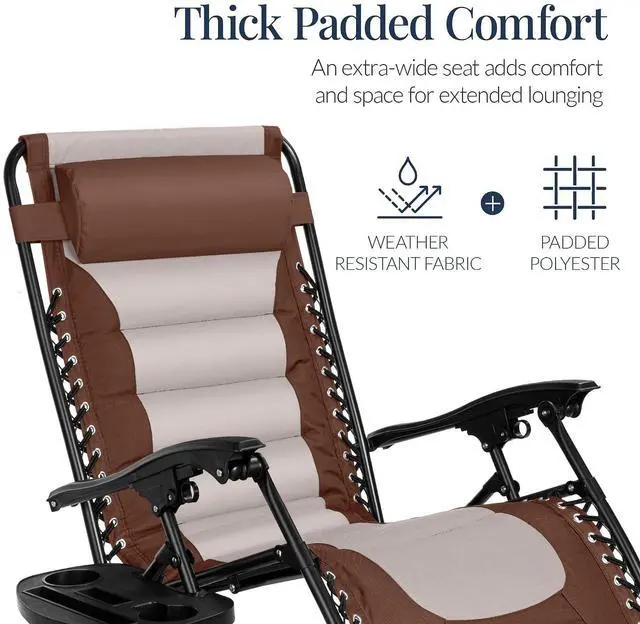 Alt view image 4 of 7 - Oversized Padded Zero Gravity Chair, Folding Outdoor Patio Recliner, XL Anti Gravity Lounger for Backyard w/Headrest, Cup Holder, Side Tray, Polyester Mesh - Brown/Oyster