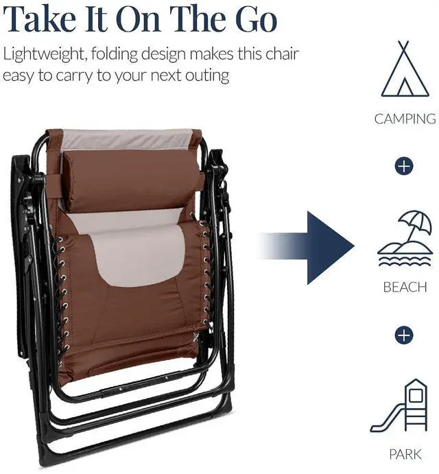 Alt view image 5 of 7 - Oversized Padded Zero Gravity Chair, Folding Outdoor Patio Recliner, XL Anti Gravity Lounger for Backyard w/Headrest, Cup Holder, Side Tray, Polyester Mesh - Brown/Oyster