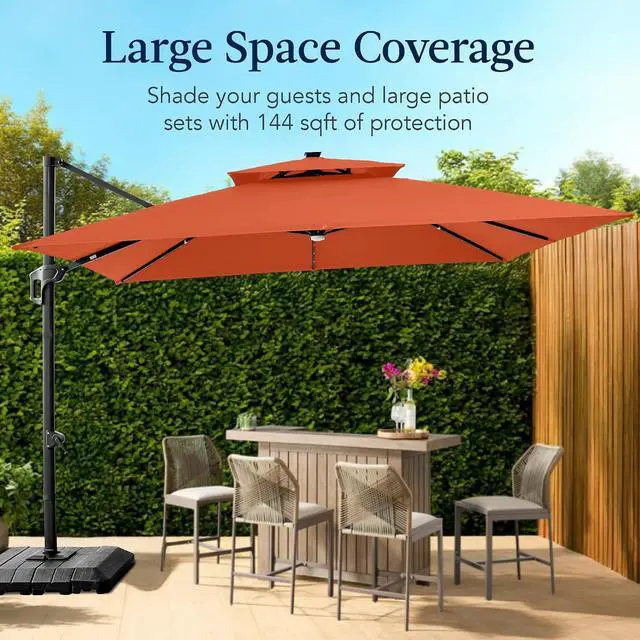 Alt view image 4 of 7 - 12x12ft LED Cantilever Patio Umbrella w/Base Included & 360° Rotation, Large Solar Offset Hanging Outdoor Sun Shade for Deck, Backyard Table w/Stand & Lights Rust