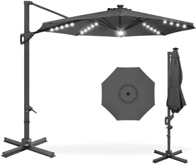 Main image of 10ft Solar LED Cantilever Patio Umbrella, 360-Degree Rotation Hanging Offset Market Outdoor Sun Shade for Backyard, Deck, Poolside w/Lights, Easy Tilt, Cross Base - Gray