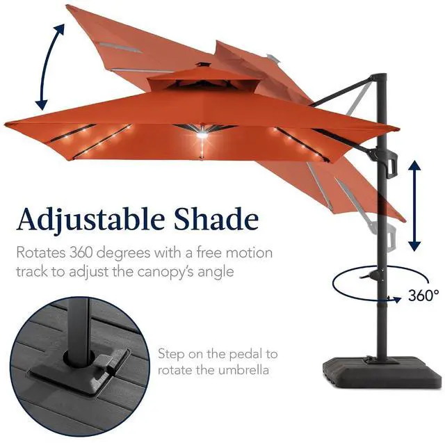 Alt view image 5 of 7 - 12x12ft LED Cantilever Patio Umbrella w/Base Included & 360° Rotation, Large Solar Offset Hanging Outdoor Sun Shade for Deck, Backyard Table w/Stand & Lights Rust