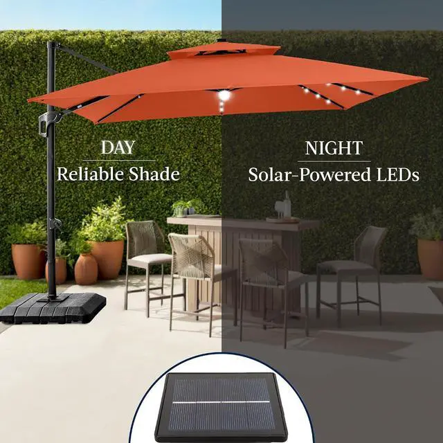 Alt view image 6 of 7 - 12x12ft LED Cantilever Patio Umbrella w/Base Included & 360° Rotation, Large Solar Offset Hanging Outdoor Sun Shade for Deck, Backyard Table w/Stand & Lights Rust