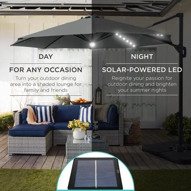 Alt view image 3 of 7 - 10ft Solar LED Cantilever Patio Umbrella, 360-Degree Rotation Hanging Offset Market Outdoor Sun Shade for Backyard, Deck, Poolside w/Lights, Easy Tilt, Cross Base - Gray