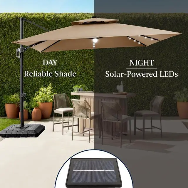 Alt view image 6 of 7 - 9x12ft LED Cantilever Patio Umbrella w/Base Included & 360° Rotation, Large Solar Offset Hanging Outdoor Sun Shade for Deck, Backyard Table w/Stand & Lights Tan