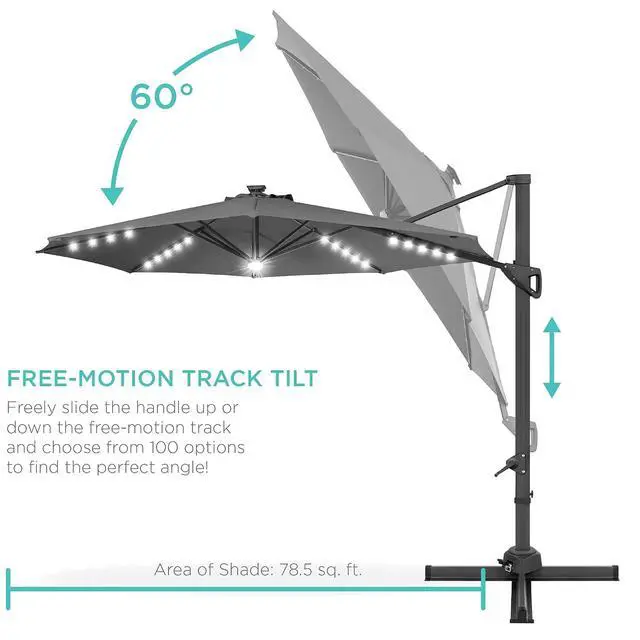 Alt view image 5 of 7 - 10ft Solar LED Cantilever Patio Umbrella, 360-Degree Rotation Hanging Offset Market Outdoor Sun Shade for Backyard, Deck, Poolside w/Lights, Easy Tilt, Cross Base - Gray