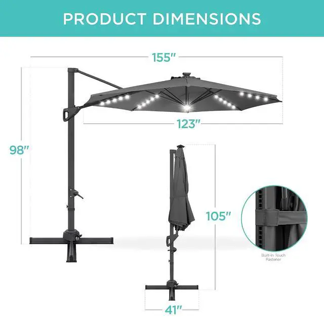 Alt view image 7 of 7 - 10ft Solar LED Cantilever Patio Umbrella, 360-Degree Rotation Hanging Offset Market Outdoor Sun Shade for Backyard, Deck, Poolside w/Lights, Easy Tilt, Cross Base - Gray