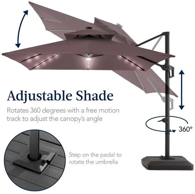 Alt view image 5 of 7 - 9x12ft LED Cantilever Patio Umbrella w/Base Included & 360° Rotation, Large Solar Offset Hanging Outdoor Sun Shade for Deck, Backyard Table w/Stand & Lights Deep Taupe