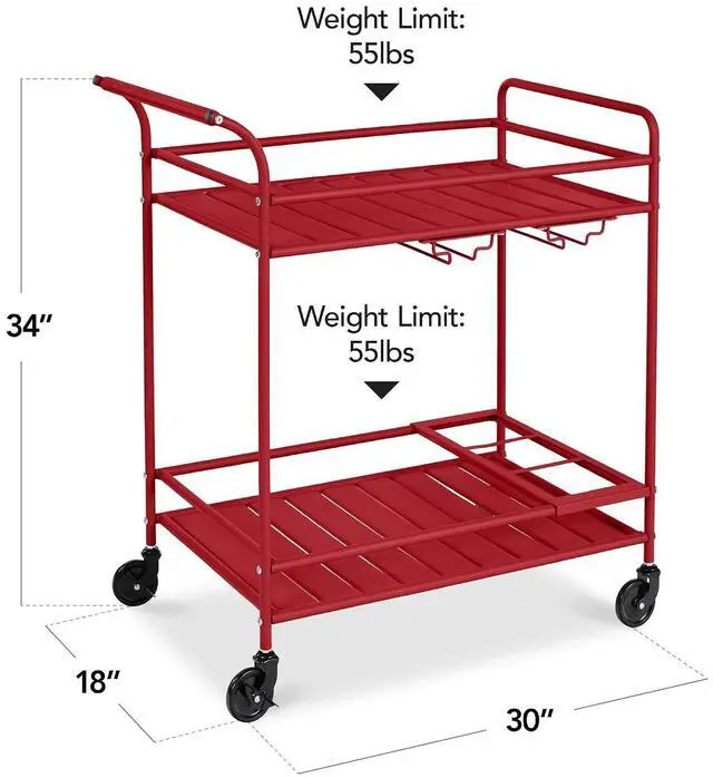 Alt view image 2 of 7 - Rolling Bar Cart, Mobile Home Bar Serving Cart, Serving Station w/ 2 Tier Shelves, Wine Rack, Lockable Wheels - Red