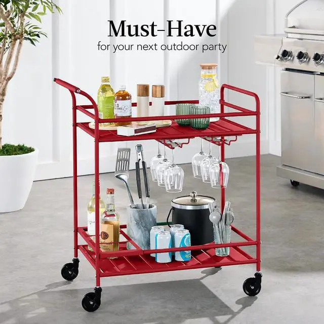 Alt view image 3 of 7 - Rolling Bar Cart, Mobile Home Bar Serving Cart, Serving Station w/ 2 Tier Shelves, Wine Rack, Lockable Wheels - Red