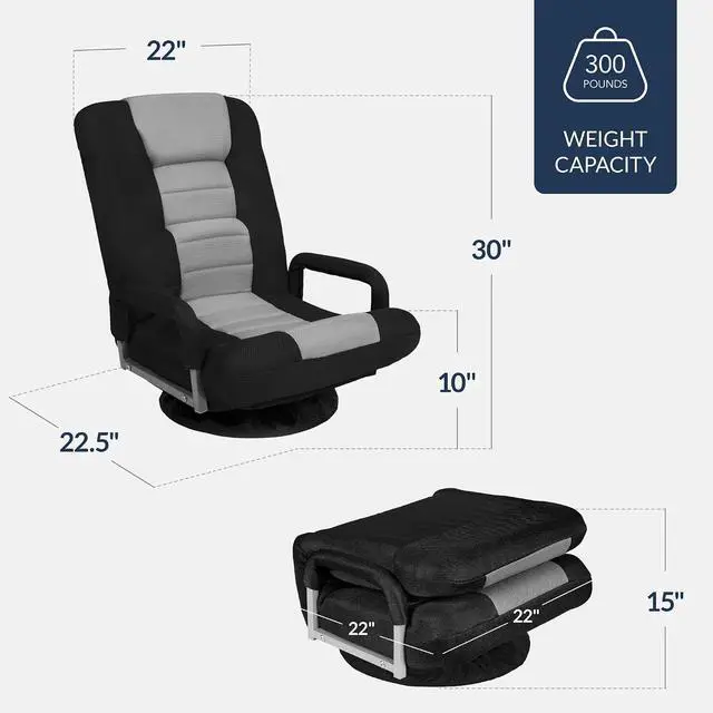Alt view image 3 of 7 - Swivel Gaming Chair 360 Degree Multipurpose Floor Chair Rocker for TV, Reading, Playing Video Games w/Lumbar Support, Armrest Handles, Adjustable Foldable Backrest - Black/Gray