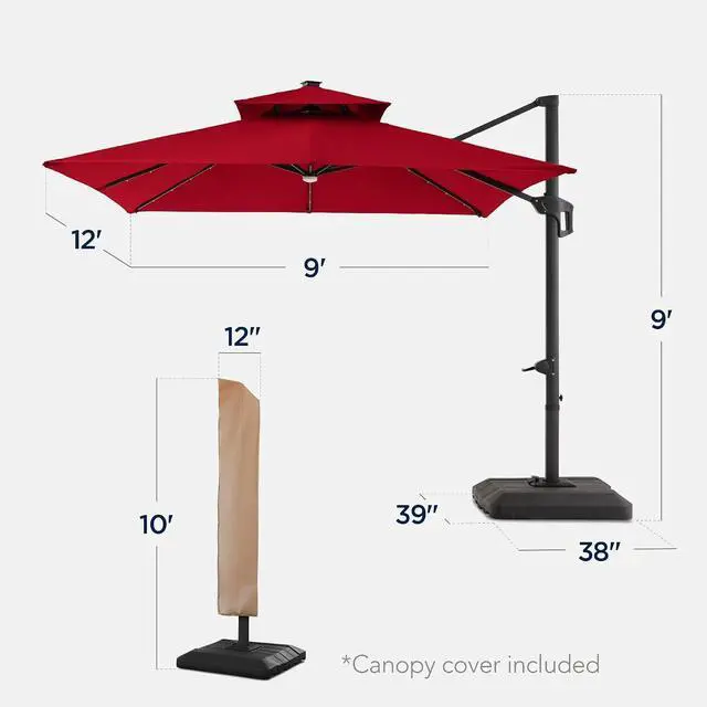 Alt view image 2 of 7 - 9x12ft LED Cantilever Patio Umbrella w/Base Included & 360° Rotation, Large Solar Offset Hanging Outdoor Sun Shade for Deck, Backyard Table w/Stand & Lights Red