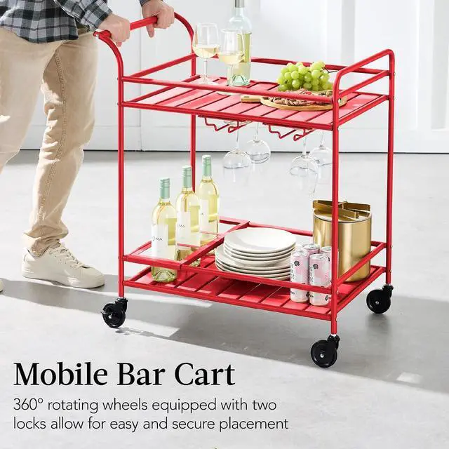 Alt view image 5 of 7 - Rolling Bar Cart, Mobile Home Bar Serving Cart, Serving Station w/ 2 Tier Shelves, Wine Rack, Lockable Wheels - Red