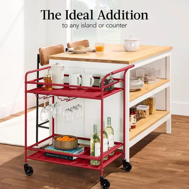 Alt view image 6 of 7 - Rolling Bar Cart, Mobile Home Bar Serving Cart, Serving Station w/ 2 Tier Shelves, Wine Rack, Lockable Wheels - Red