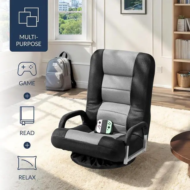 Alt view image 4 of 7 - Swivel Gaming Chair 360 Degree Multipurpose Floor Chair Rocker for TV, Reading, Playing Video Games w/Lumbar Support, Armrest Handles, Adjustable Foldable Backrest - Black/Gray