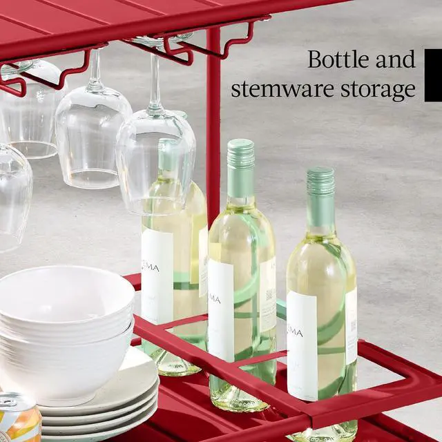 Alt view image 7 of 7 - Rolling Bar Cart, Mobile Home Bar Serving Cart, Serving Station w/ 2 Tier Shelves, Wine Rack, Lockable Wheels - Red