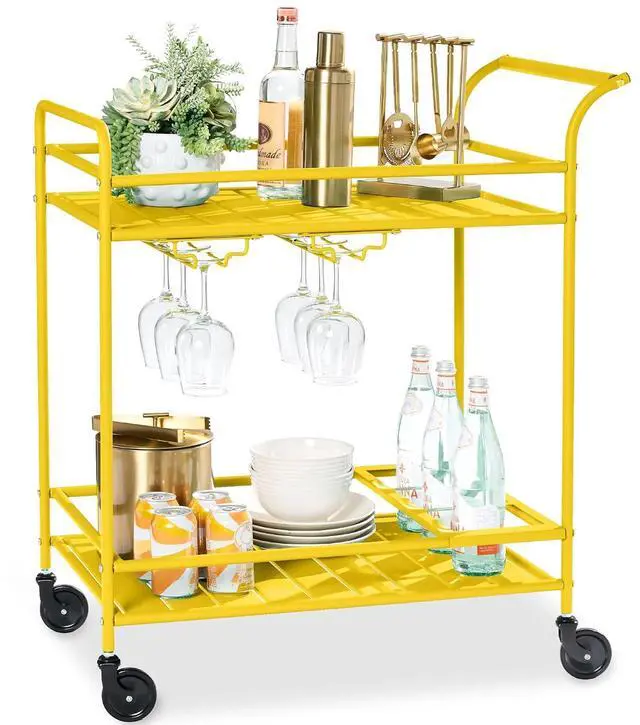 Main image of Rolling Bar Cart, Mobile Home Bar Serving Cart, Serving Station w/ 2 Tier Shelves, Wine Rack, Lockable Wheels - Yellow