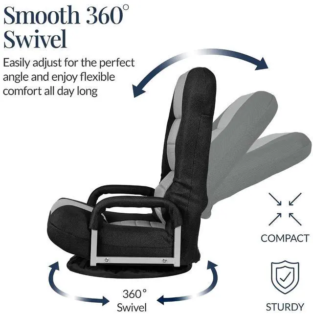 Alt view image 6 of 7 - Swivel Gaming Chair 360 Degree Multipurpose Floor Chair Rocker for TV, Reading, Playing Video Games w/Lumbar Support, Armrest Handles, Adjustable Foldable Backrest - Black/Gray