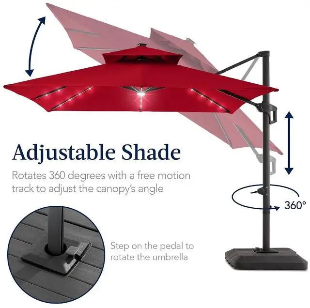 Alt view image 5 of 7 - 9x12ft LED Cantilever Patio Umbrella w/Base Included & 360° Rotation, Large Solar Offset Hanging Outdoor Sun Shade for Deck, Backyard Table w/Stand & Lights Red