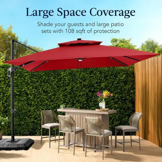 Alt view image 4 of 7 - 9x12ft LED Cantilever Patio Umbrella w/Base Included & 360° Rotation, Large Solar Offset Hanging Outdoor Sun Shade for Deck, Backyard Table w/Stand & Lights Red
