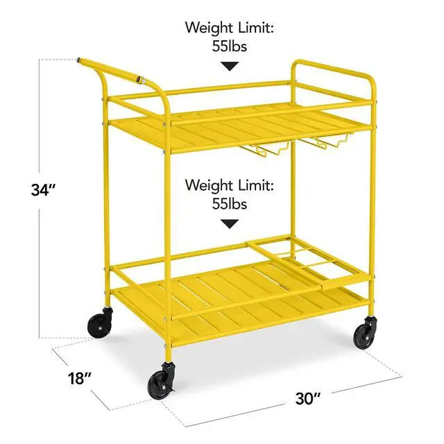 Alt view image 2 of 7 - Rolling Bar Cart, Mobile Home Bar Serving Cart, Serving Station w/ 2 Tier Shelves, Wine Rack, Lockable Wheels - Yellow