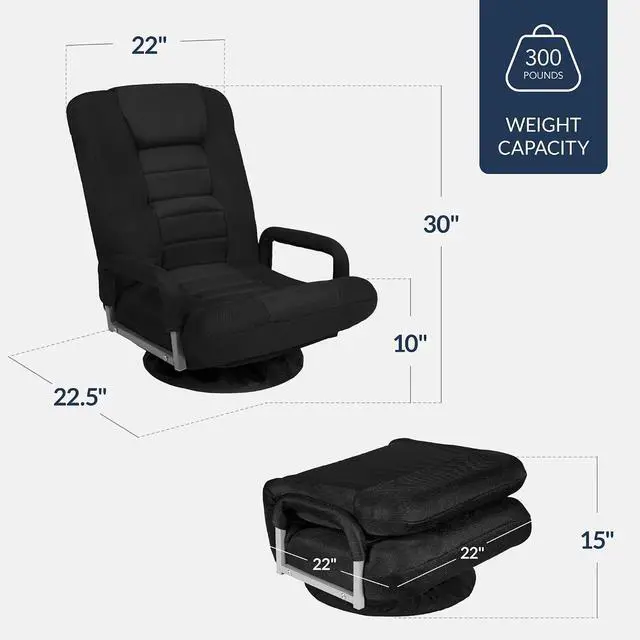 Alt view image 3 of 7 - Swivel Gaming Chair 360 Degree Multipurpose Floor Chair Rocker for TV, Reading, Playing Video Games w/Lumbar Support, Armrest Handles, Adjustable Foldable Backrest - Black/Black