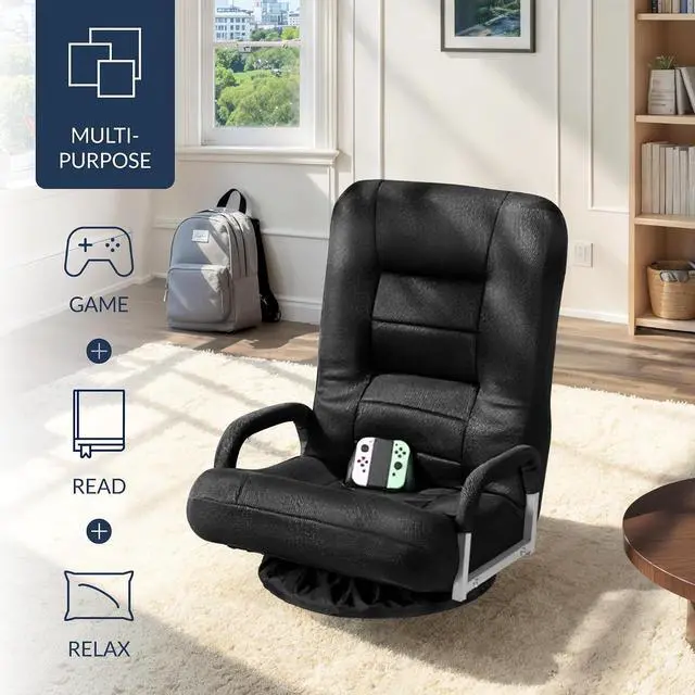 Alt view image 4 of 7 - Swivel Gaming Chair 360 Degree Multipurpose Floor Chair Rocker for TV, Reading, Playing Video Games w/Lumbar Support, Armrest Handles, Adjustable Foldable Backrest - Black/Black