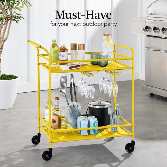 Alt view image 3 of 7 - Rolling Bar Cart, Mobile Home Bar Serving Cart, Serving Station w/ 2 Tier Shelves, Wine Rack, Lockable Wheels - Yellow