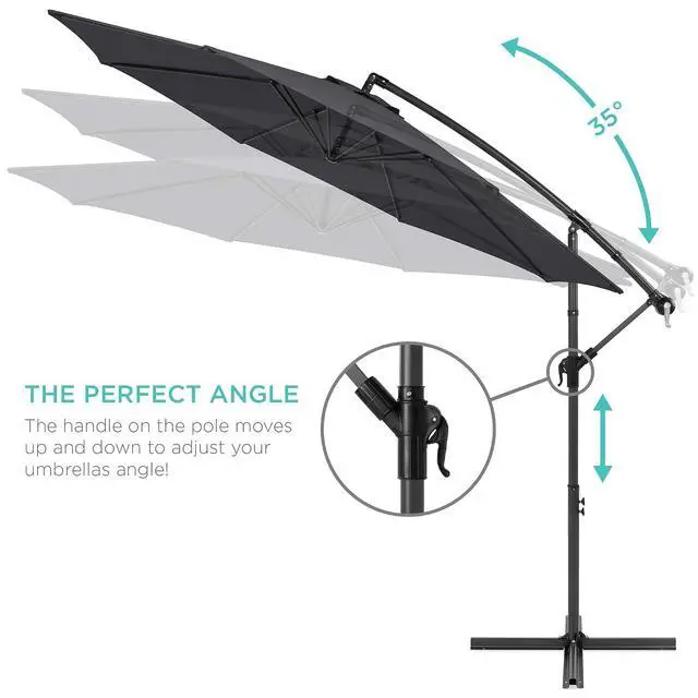 Alt view image 4 of 7 - 10ft Offset Hanging Market Patio Umbrella w/Easy Tilt Adjustment, Polyester Shade, 8 Ribs for Backyard, Poolside, Lawn and Garden - Gray