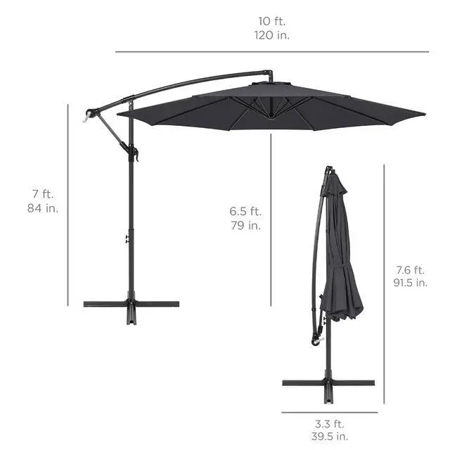 Alt view image 7 of 7 - 10ft Offset Hanging Market Patio Umbrella w/Easy Tilt Adjustment, Polyester Shade, 8 Ribs for Backyard, Poolside, Lawn and Garden - Gray