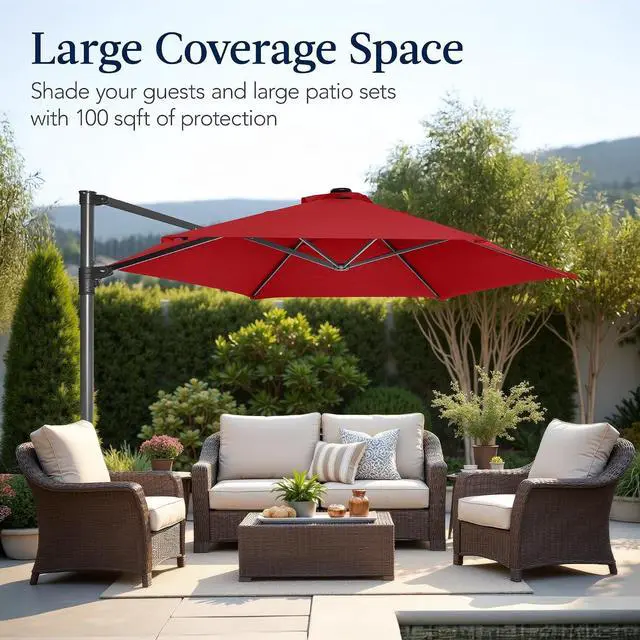 Alt view image 4 of 7 - 10ft Offset Cantilever Hanging Market Patio Umbrella, Smooth 360° Rotation, 8 Sturdy Ribs, Easy Adjustment - Red