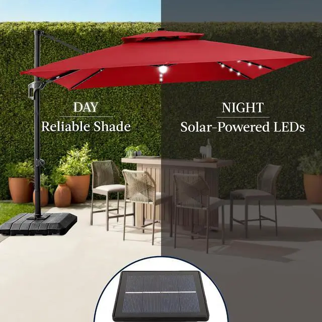 Alt view image 6 of 7 - 9x12ft LED Cantilever Patio Umbrella w/Base Included & 360° Rotation, Large Solar Offset Hanging Outdoor Sun Shade for Deck, Backyard Table w/Stand & Lights Red