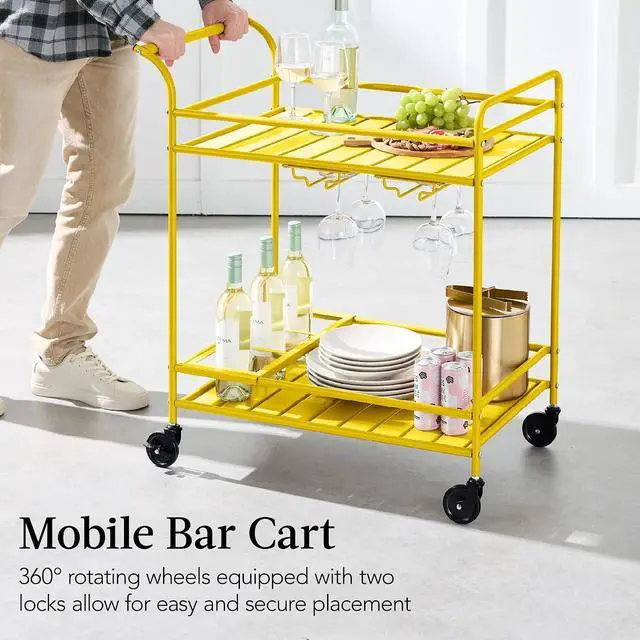 Alt view image 5 of 7 - Rolling Bar Cart, Mobile Home Bar Serving Cart, Serving Station w/ 2 Tier Shelves, Wine Rack, Lockable Wheels - Yellow