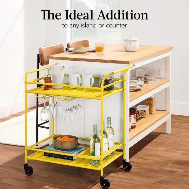 Alt view image 6 of 7 - Rolling Bar Cart, Mobile Home Bar Serving Cart, Serving Station w/ 2 Tier Shelves, Wine Rack, Lockable Wheels - Yellow