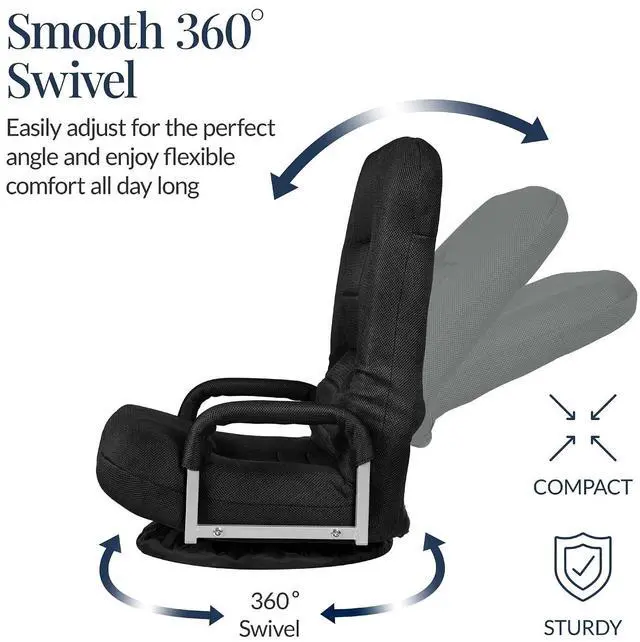 Alt view image 6 of 7 - Swivel Gaming Chair 360 Degree Multipurpose Floor Chair Rocker for TV, Reading, Playing Video Games w/Lumbar Support, Armrest Handles, Adjustable Foldable Backrest - Black/Black