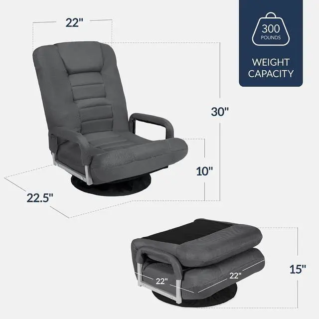 Alt view image 3 of 7 - Swivel Gaming Chair 360 Degree Multipurpose Floor Chair Rocker for TV, Reading, Playing Video Games w/Lumbar Support, Armrest Handles, Adjustable Foldable Backrest - Dark Gray
