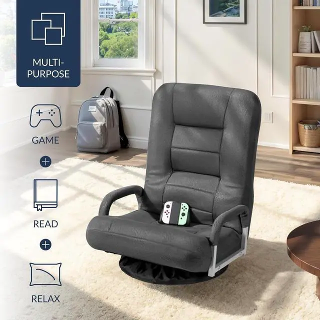 Alt view image 4 of 7 - Swivel Gaming Chair 360 Degree Multipurpose Floor Chair Rocker for TV, Reading, Playing Video Games w/Lumbar Support, Armrest Handles, Adjustable Foldable Backrest - Dark Gray