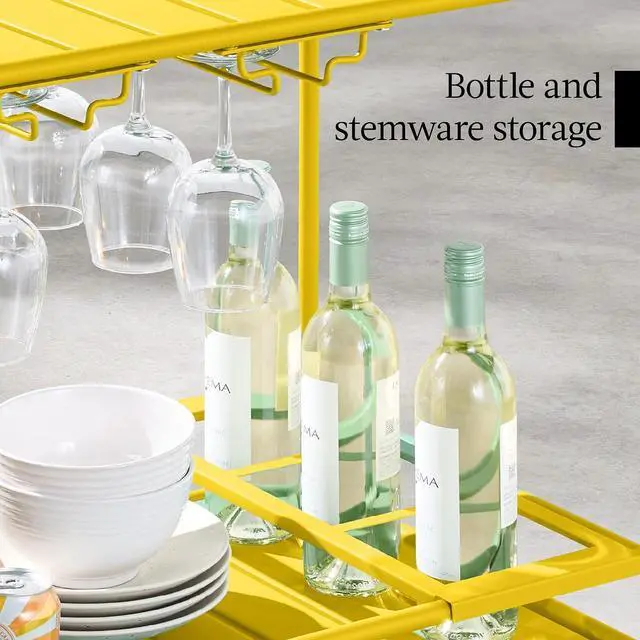 Alt view image 7 of 7 - Rolling Bar Cart, Mobile Home Bar Serving Cart, Serving Station w/ 2 Tier Shelves, Wine Rack, Lockable Wheels - Yellow