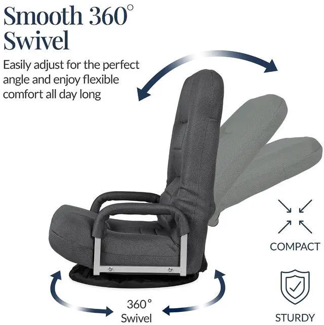 Alt view image 6 of 7 - Swivel Gaming Chair 360 Degree Multipurpose Floor Chair Rocker for TV, Reading, Playing Video Games w/Lumbar Support, Armrest Handles, Adjustable Foldable Backrest - Dark Gray