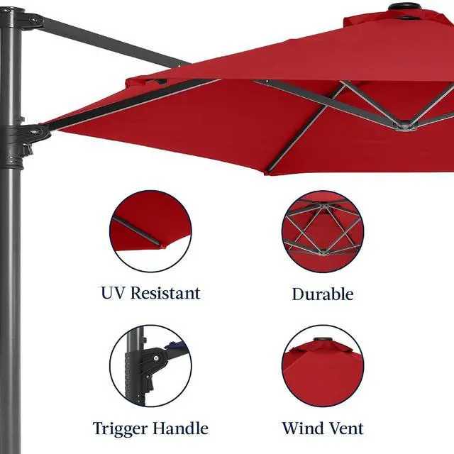 Alt view image 7 of 7 - 10ft Offset Cantilever Hanging Market Patio Umbrella, Smooth 360° Rotation, 8 Sturdy Ribs, Easy Adjustment - Red