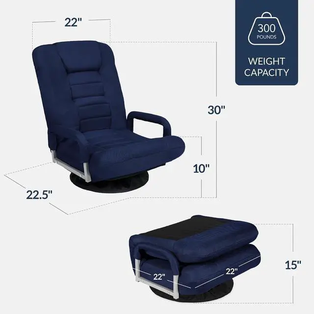 Alt view image 3 of 7 - Swivel Gaming Chair 360 Degree Multipurpose Floor Chair Rocker for TV, Reading, Playing Video Games w/Lumbar Support, Armrest Handles, Adjustable Foldable Backrest - Navy