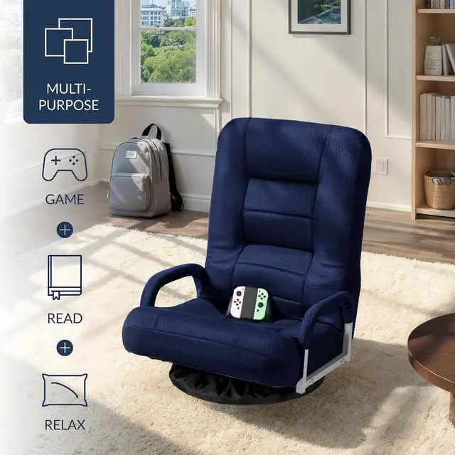 Alt view image 4 of 7 - Swivel Gaming Chair 360 Degree Multipurpose Floor Chair Rocker for TV, Reading, Playing Video Games w/Lumbar Support, Armrest Handles, Adjustable Foldable Backrest - Navy