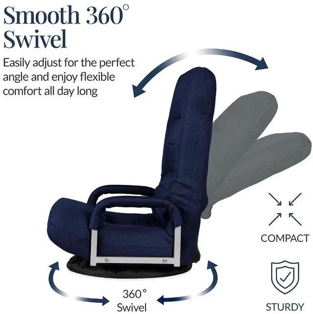 Alt view image 6 of 7 - Swivel Gaming Chair 360 Degree Multipurpose Floor Chair Rocker for TV, Reading, Playing Video Games w/Lumbar Support, Armrest Handles, Adjustable Foldable Backrest - Navy