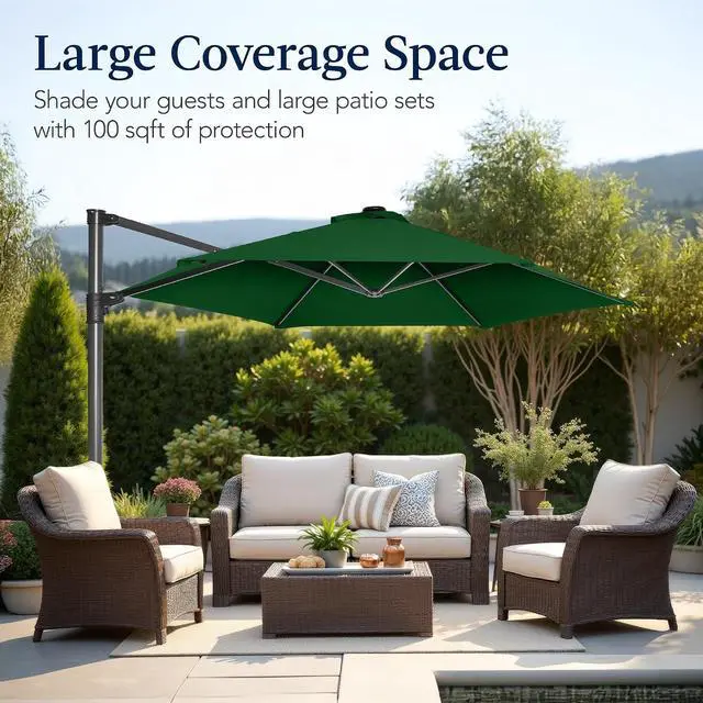Alt view image 4 of 7 - 10ft Offset Cantilever Hanging Market Patio Umbrella, Smooth 360° Rotation, 8 Sturdy Ribs, Easy Adjustment - Green
