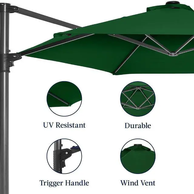 Alt view image 7 of 7 - 10ft Offset Cantilever Hanging Market Patio Umbrella, Smooth 360° Rotation, 8 Sturdy Ribs, Easy Adjustment - Green
