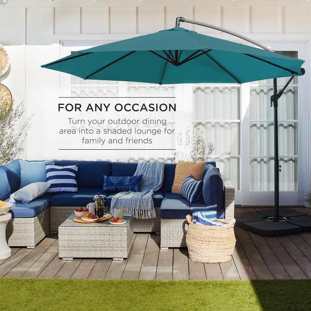 Alt view image 3 of 7 - 10ft Offset Cantilever Hanging Market Patio Umbrella, 8 Sturdy Ribs, Easy Adjustment - Cerulean